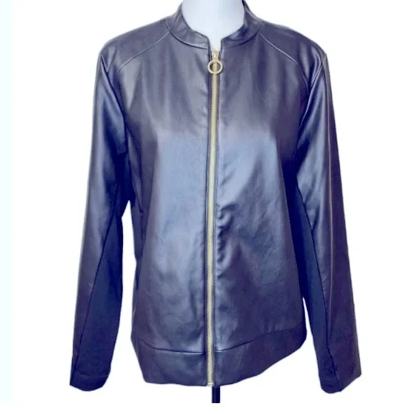 🔥WORN ONCE! Michael Kors Faux Leather w Stretch Sides Navy Blue Jacket Medium - Picture 5 of 5